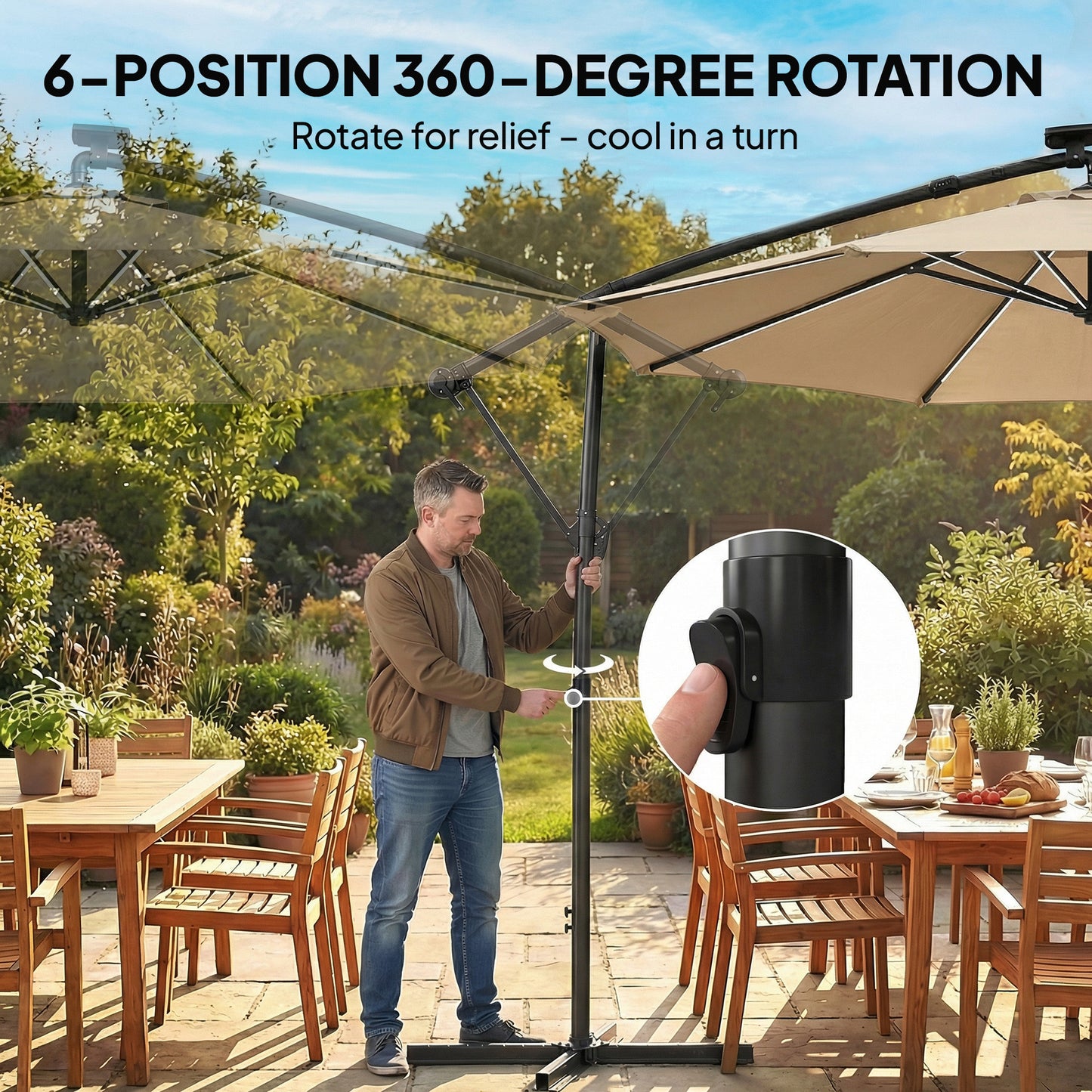 3 m Garden Cantilever Parasol with LED Solar Light, Round Overhanging Umbrella with 360° Rotation, Cover, Khaki
