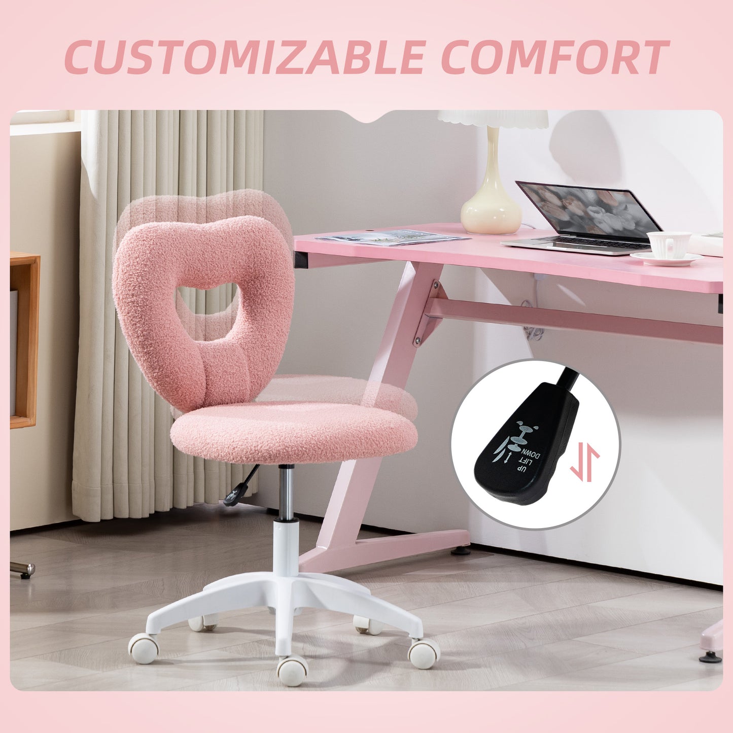 Armless Heart Computer Desk Chair, Teddy Fleece Swivel Office Chair, Makeup Vanity Chair with Height Adjustable, Wheels