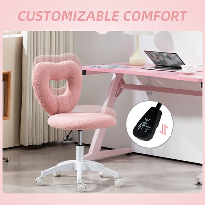 Armless Heart Computer Desk Chair, Teddy Fleece Swivel Office Chair, Makeup Vanity Chair with Height Adjustable, Wheels
