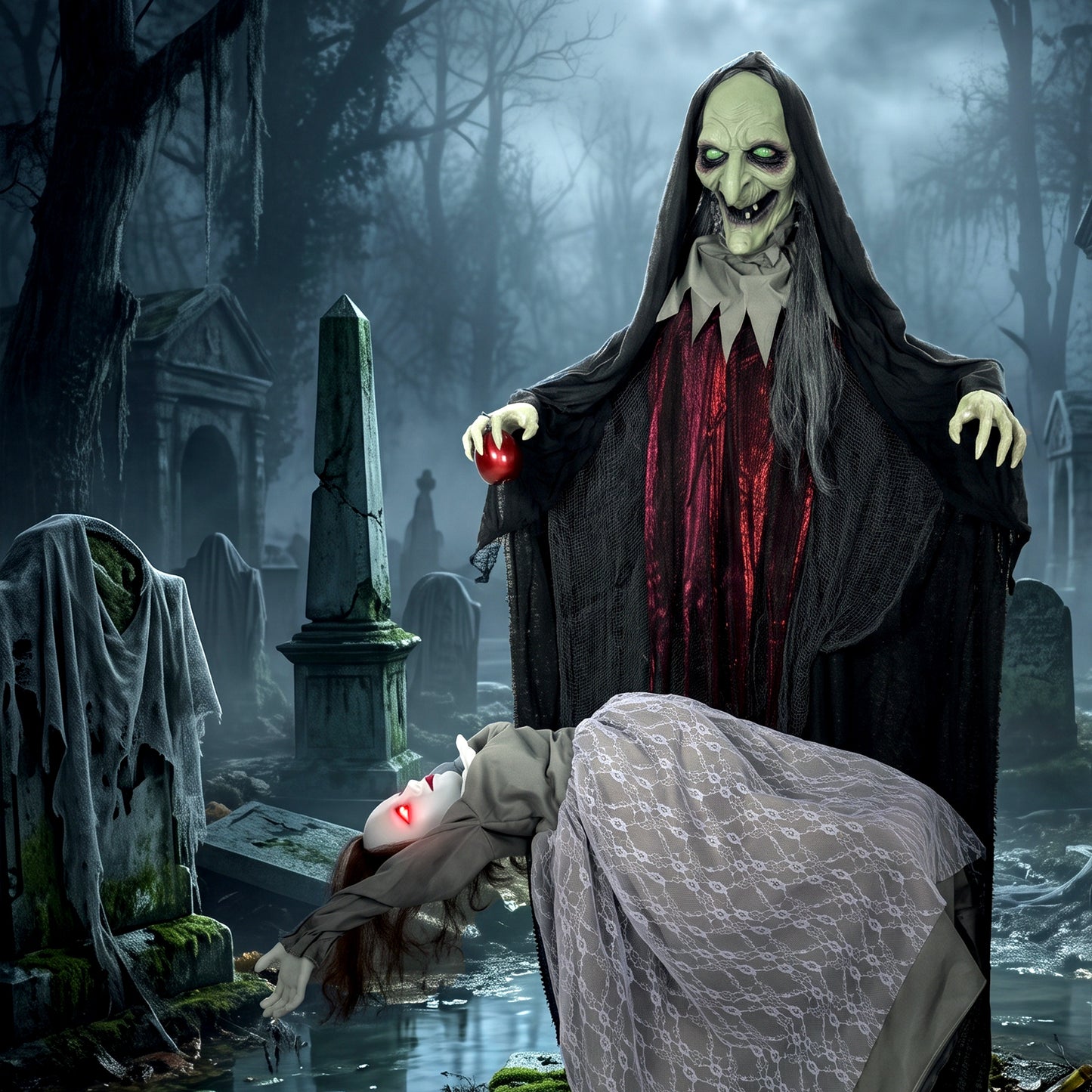 Halloween Animated Standing Witch with Floating Ghost Decoration with Rising and Falling Motion