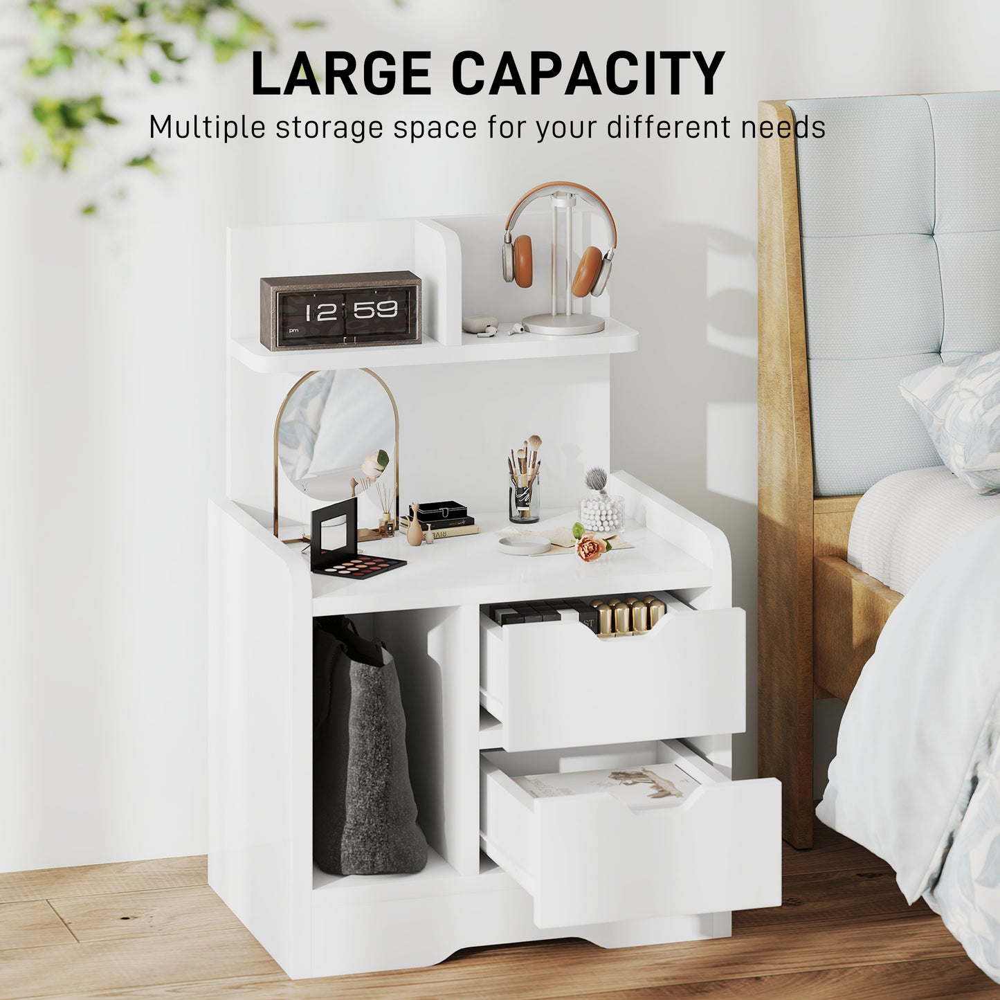 Bedside Table with 2 Drawers and Open Shelves - High Gloss White