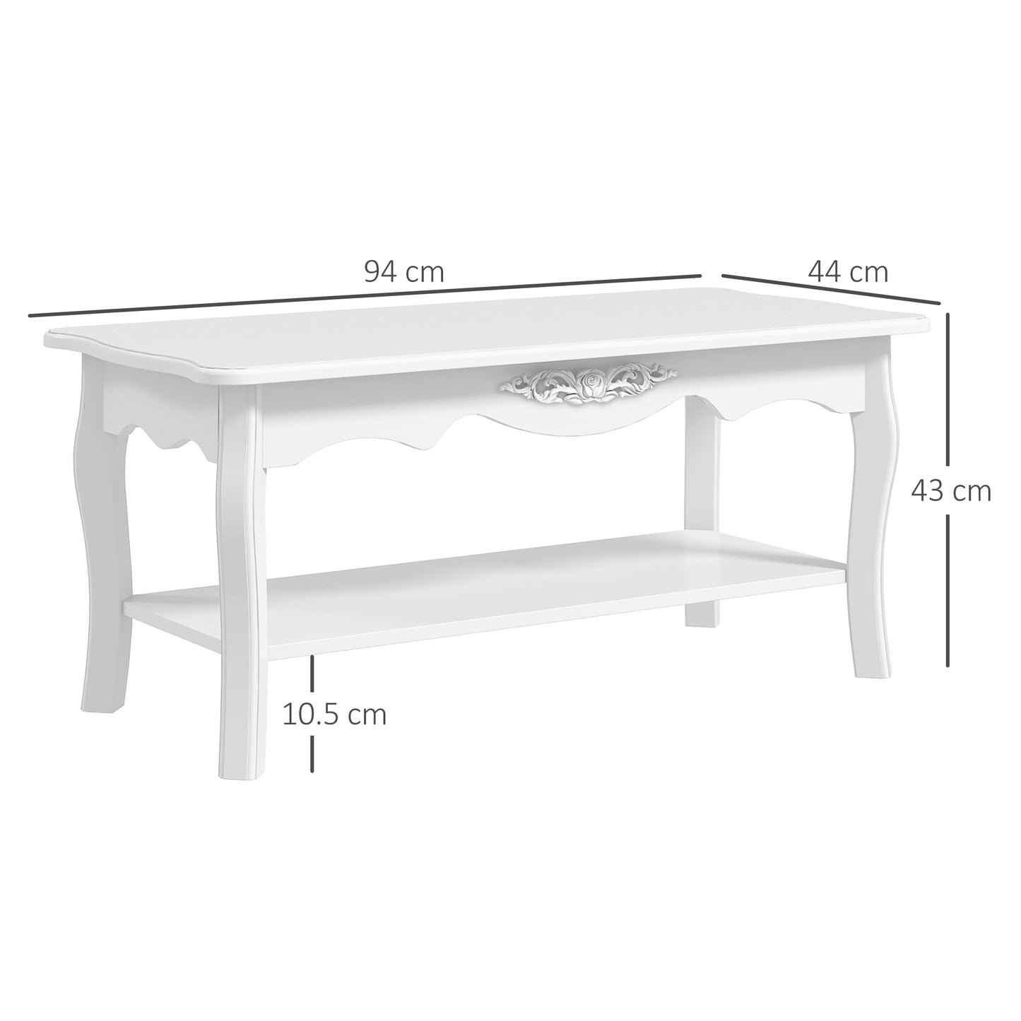 White Coffee Table Wood Cocktail Tea Centre Table with Storage Shelf for Living Room Reception Room, 94L x 44W x 42H cm