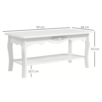 White Coffee Table Wood Cocktail Tea Centre Table with Storage Shelf for Living Room Reception Room, 94L x 44W x 42H cm