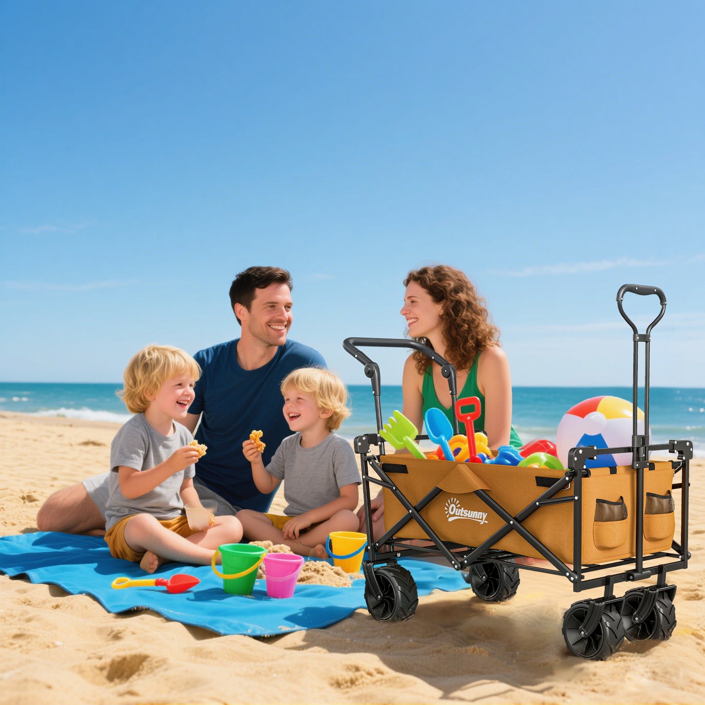 180L Festival Trolley on Wheels, Push & Pull Beach Cart with Removable Canopy, Wide All-Terrain Wheels