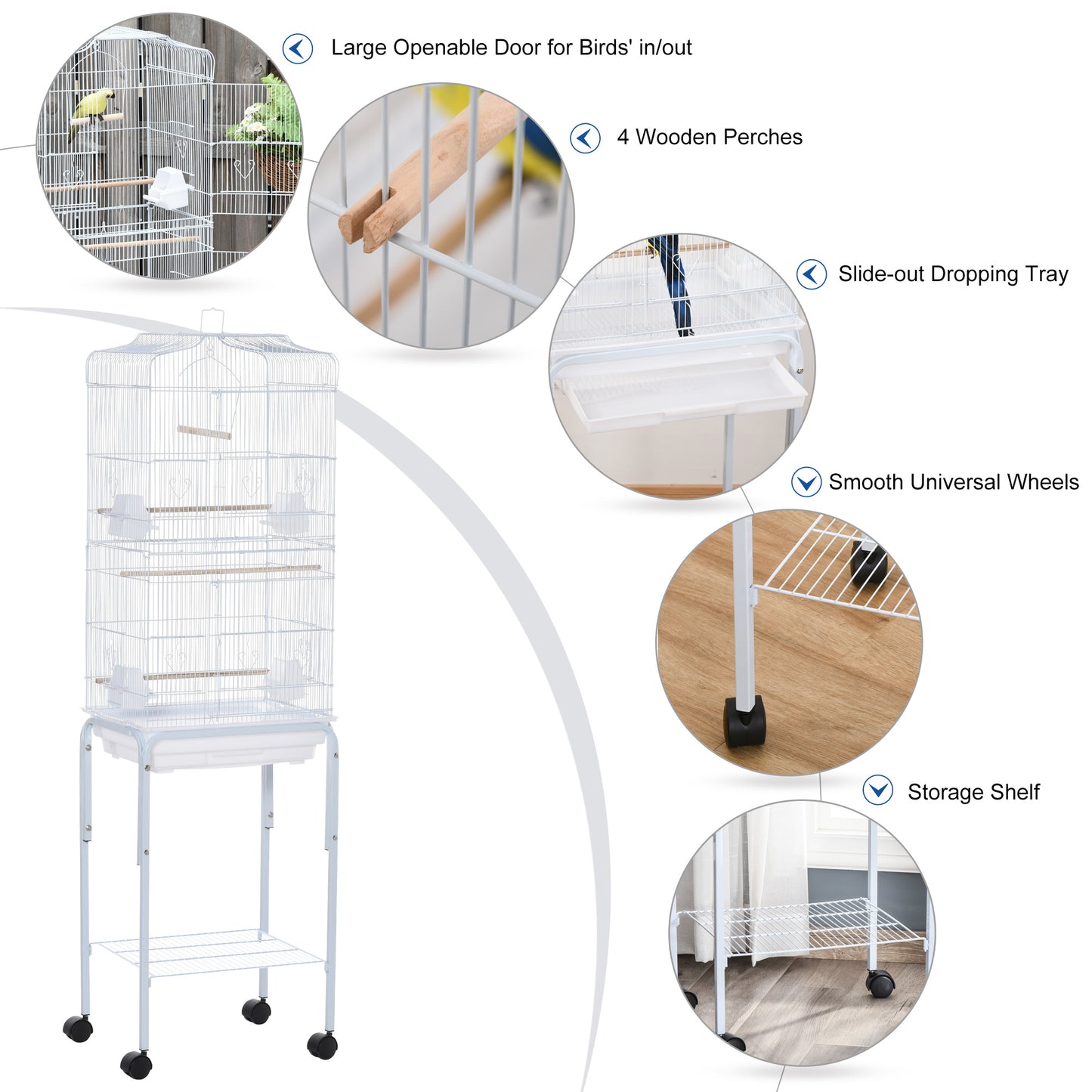 Bird Cage Budgie Cages for Finch Canary Parakeet with Stand Wheels Slide-out Tray Accessories Storage Shelf