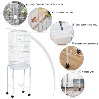 Bird Cage Budgie Cages for Finch Canary Parakeet with Stand Wheels Slide-out Tray Accessories Storage Shelf