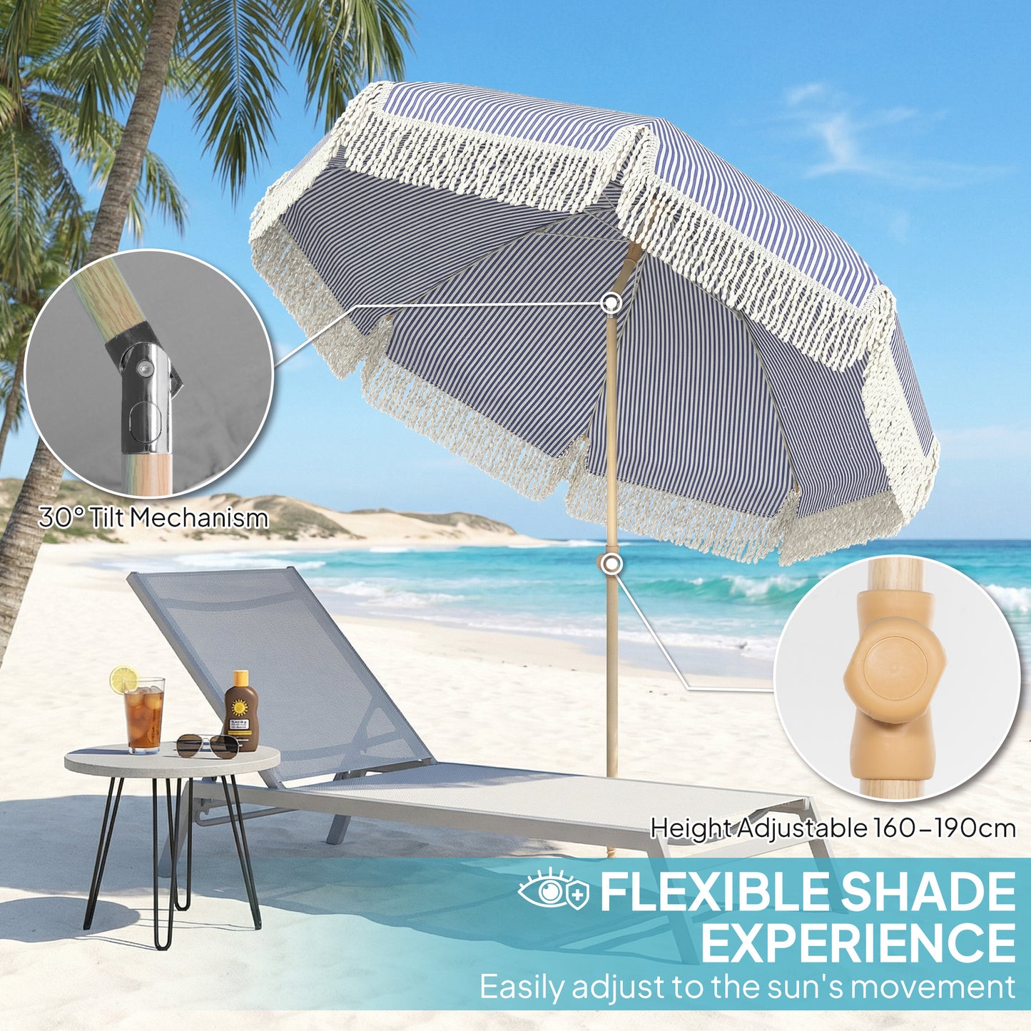 1.7 m Beach Umbrella with Sand Anchor, 30° Tilting Fringed Beach Garden Parasol with Adjustable Height, Blue