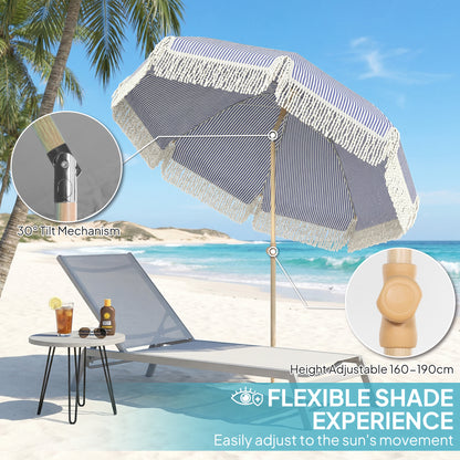 1.7 m Beach Umbrella with Sand Anchor, 30° Tilting Fringed Beach Garden Parasol with Adjustable Height, Blue