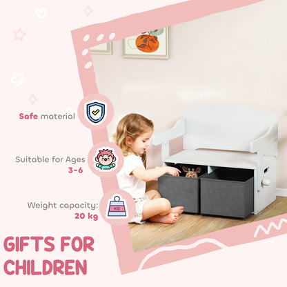 3 in 1 Kids Storage Bench, Convertible Children Table and Chair Set with 2 Fabric Bins, Toy Storage Box, White
