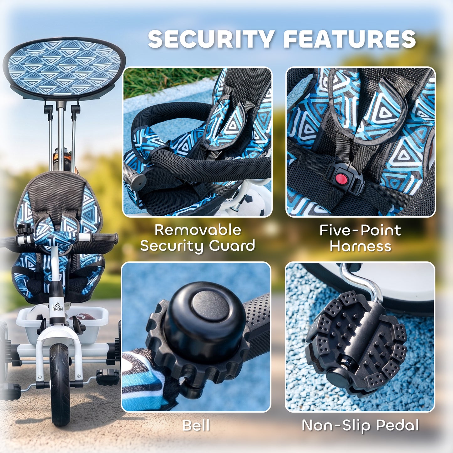 6 in 1 Tricycle for Kids with 5-point harness straps, Removable Canopy, Blue
