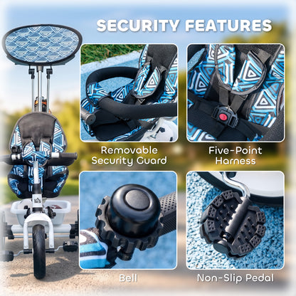 6 in 1 Tricycle for Kids with 5-point harness straps, Removable Canopy, Blue