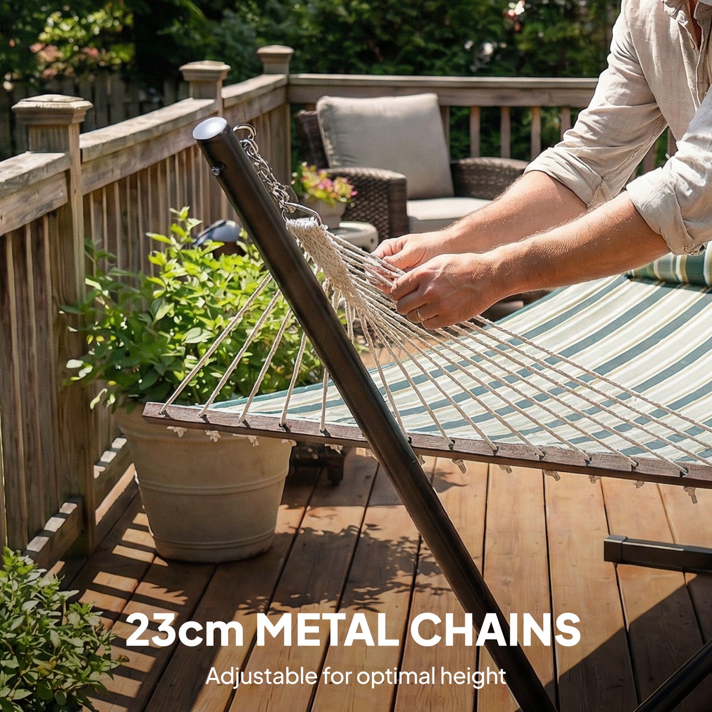 Outdoor Hammock with Stand Detachable Pillow Striped Swing Steel Frame, for Garden, Patio, Green