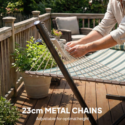 Outdoor Hammock with Stand Detachable Pillow Striped Swing Steel Frame, for Garden, Patio, Green
