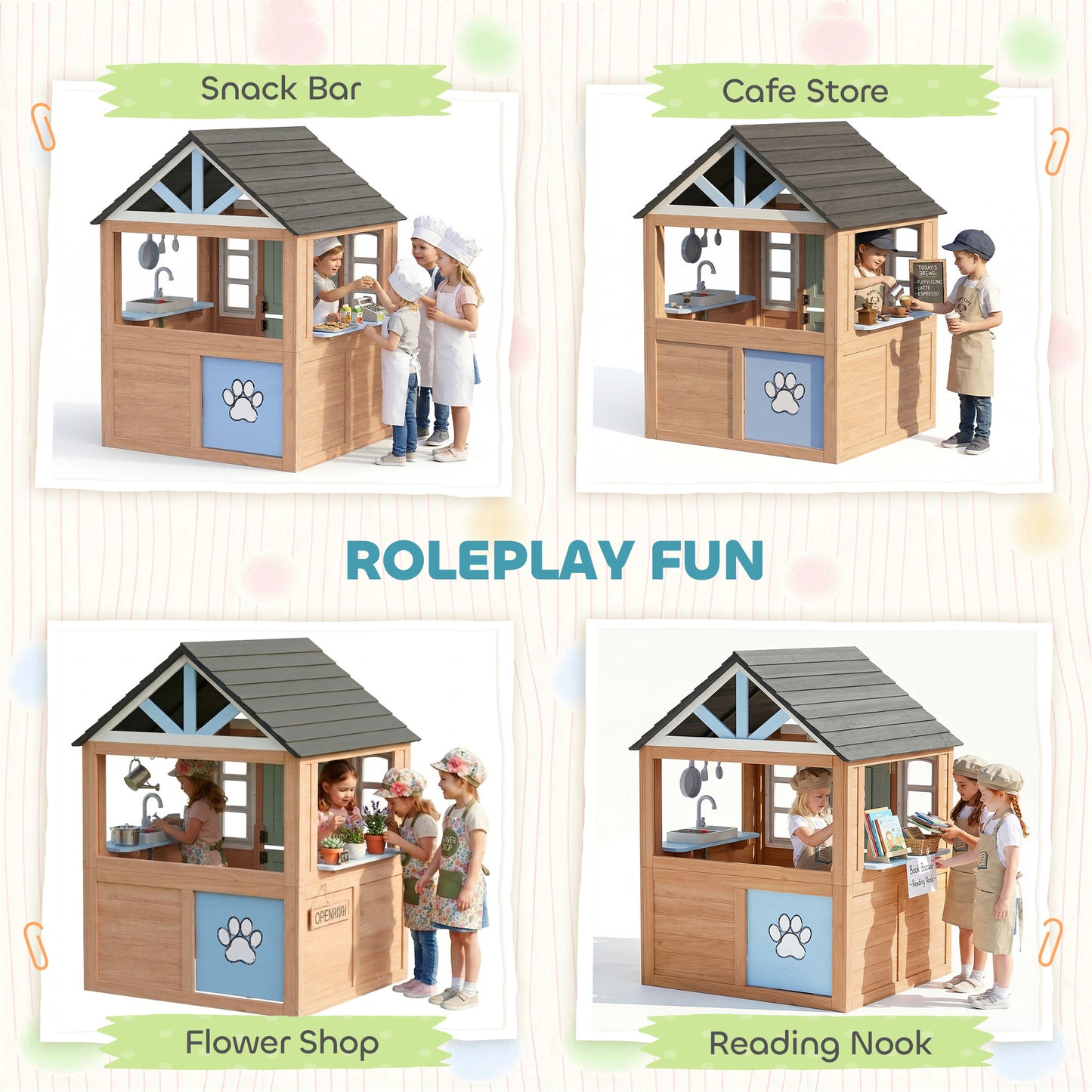 Wooden Playhouse for Kids, Wendy House with Pet Door, Play Kitchen, Half Door and Windows for Indoor Outdoor, Ages 2+