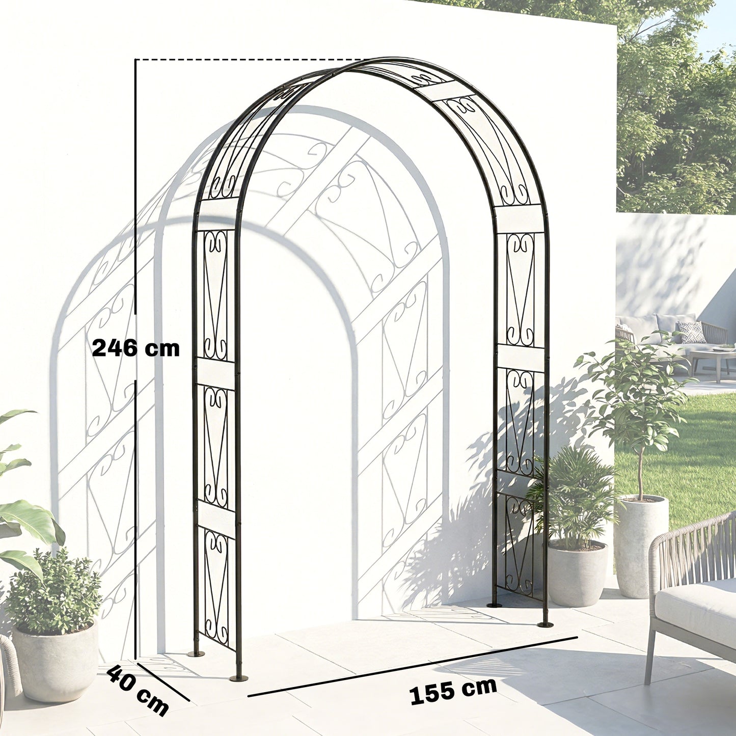 Garden Arch, Arbour Trellis for Climbing Plants, Rose Arch for Wedding Garden Decoration, 155 x 40 x 246 cm, Black