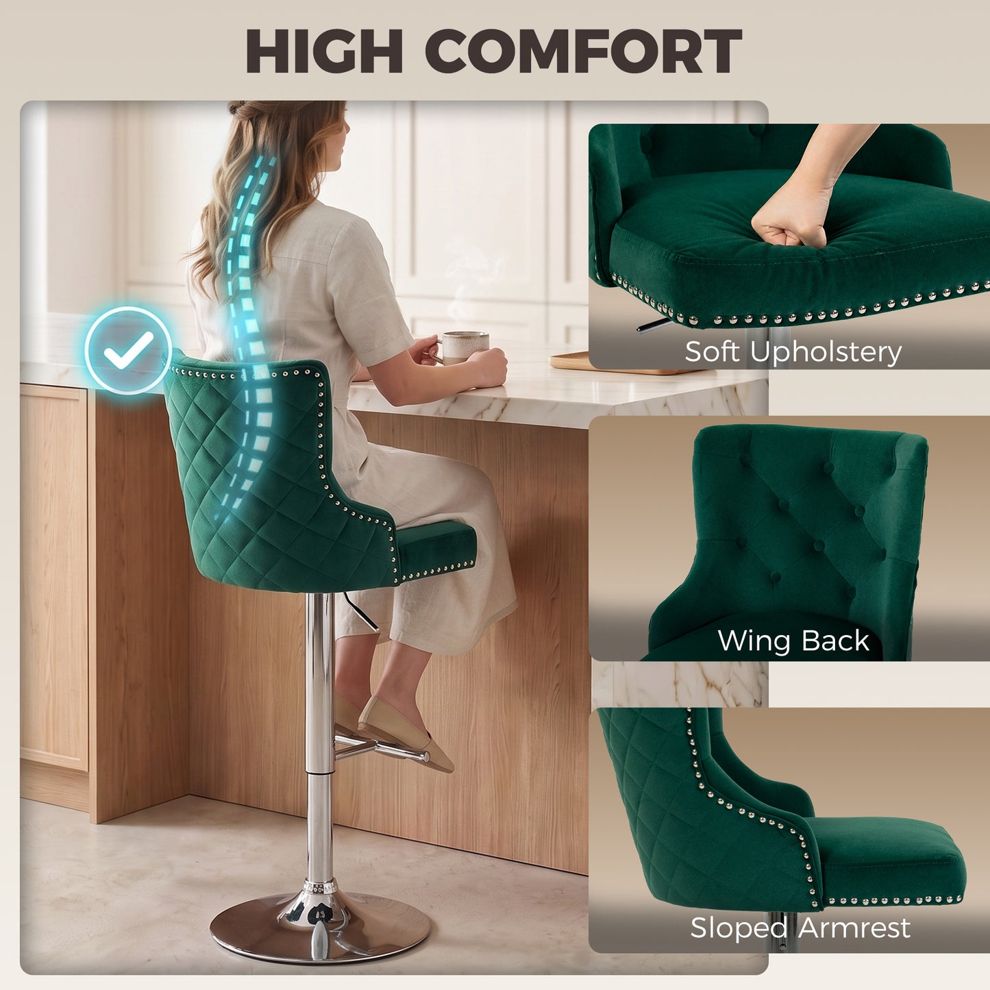 Bar Stools Set of 2, Modern Swivel & Adjustable Velvet Barstools with Button-Tufted Back, Footrest for Home Bar, Green