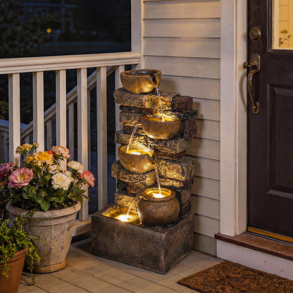 28" 5-Tier Outdoor Fountain, Cascading Waterfall Feature with LED Lights, Adjustable Flow, Rustic Brown