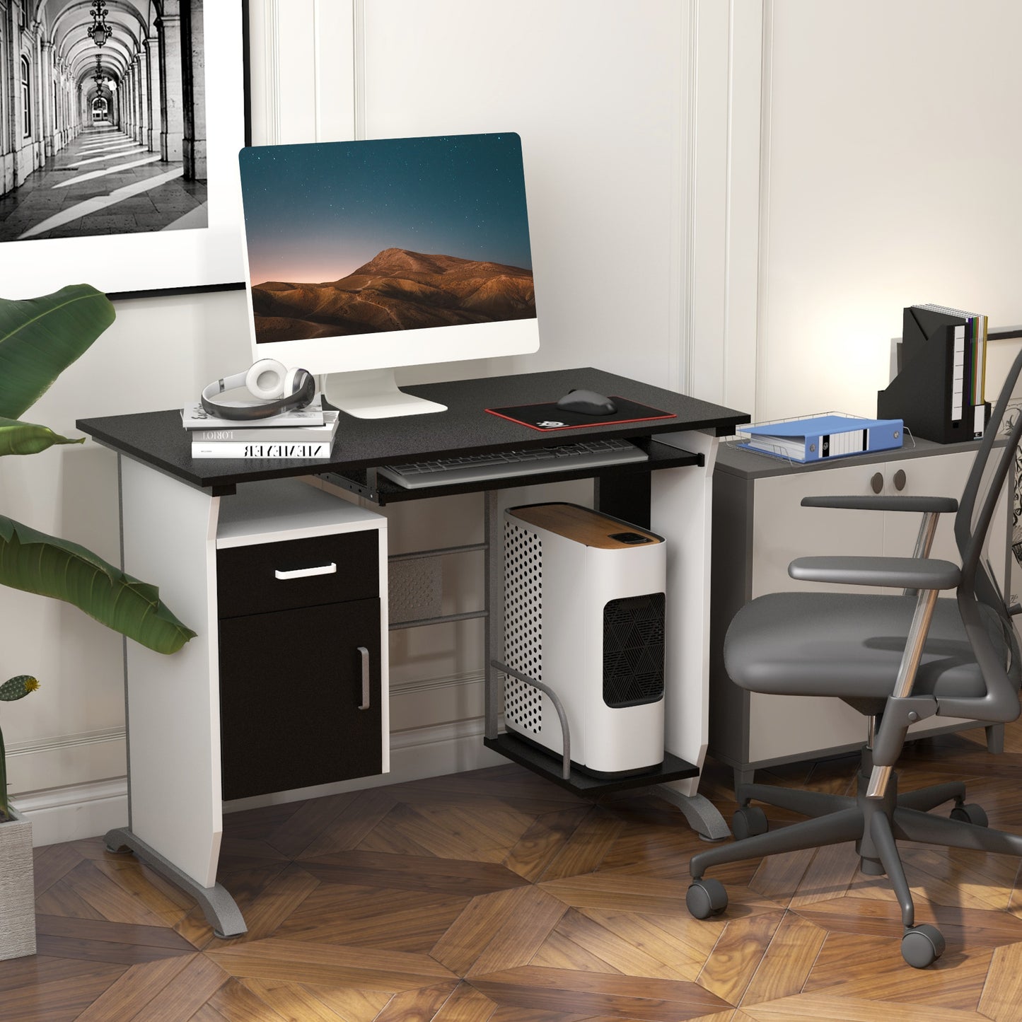 Computer Desk with Sliding Keyboard Tray, Storage Drawers and Host Box Shelf, Home Office Desk, Study Workstation