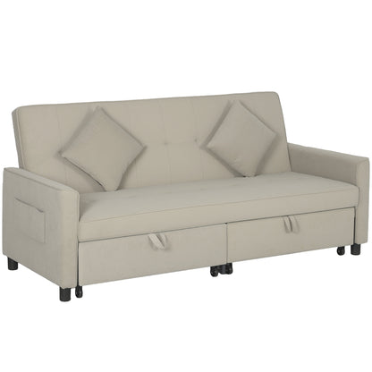 3 Seater Velvet Sofa Bed, Convertible Pull-Out Sofa Bed with Adjustable Backrest, Space Saving Living Room Sofa, Beige