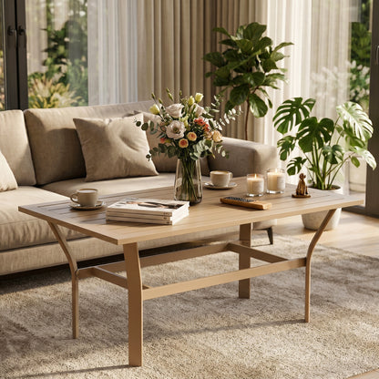 Metal Garden Coffee Table, Rectangular Outdoor Side Table with Slatted Tabletop, Foot Pads for Outside, Garden, Balcony