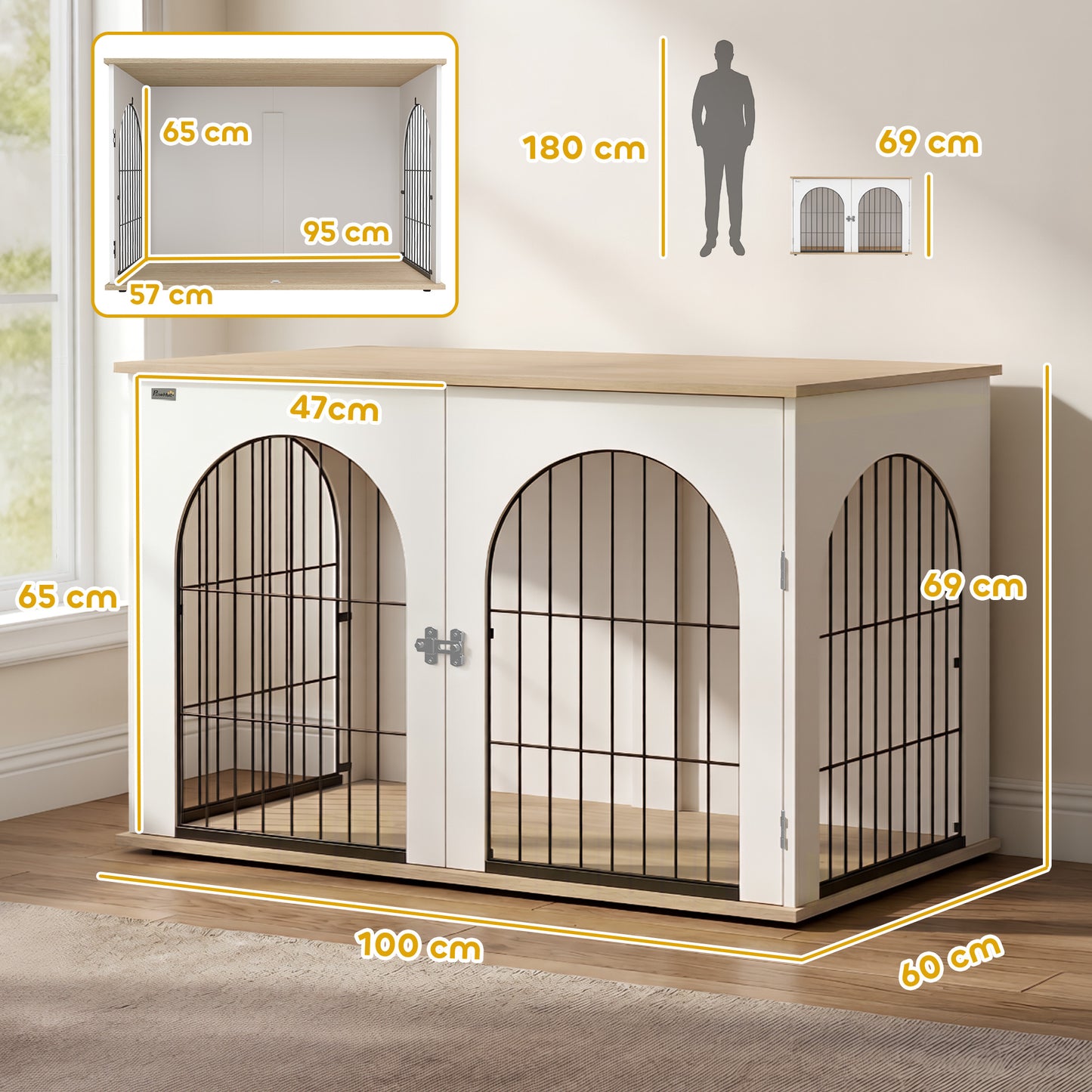 Dog Crate Furniture, Indoor Dog Cage with Double Doors for Large Breeds, Pet Kennel End Side Table
