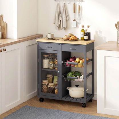 Bamboo Kitchen Island, Rolling Kitchen Trolley with Glass Door, 2 Metal Wire Baskets and Adjustable Shelf, Grey