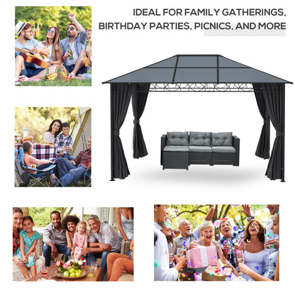 Hardtop Gazebo Garden Pavilion w/ UV Resistant Polycarbonate Roof, Curtains, Steel & Aluminium Frame, 3 x 4(m), Grey