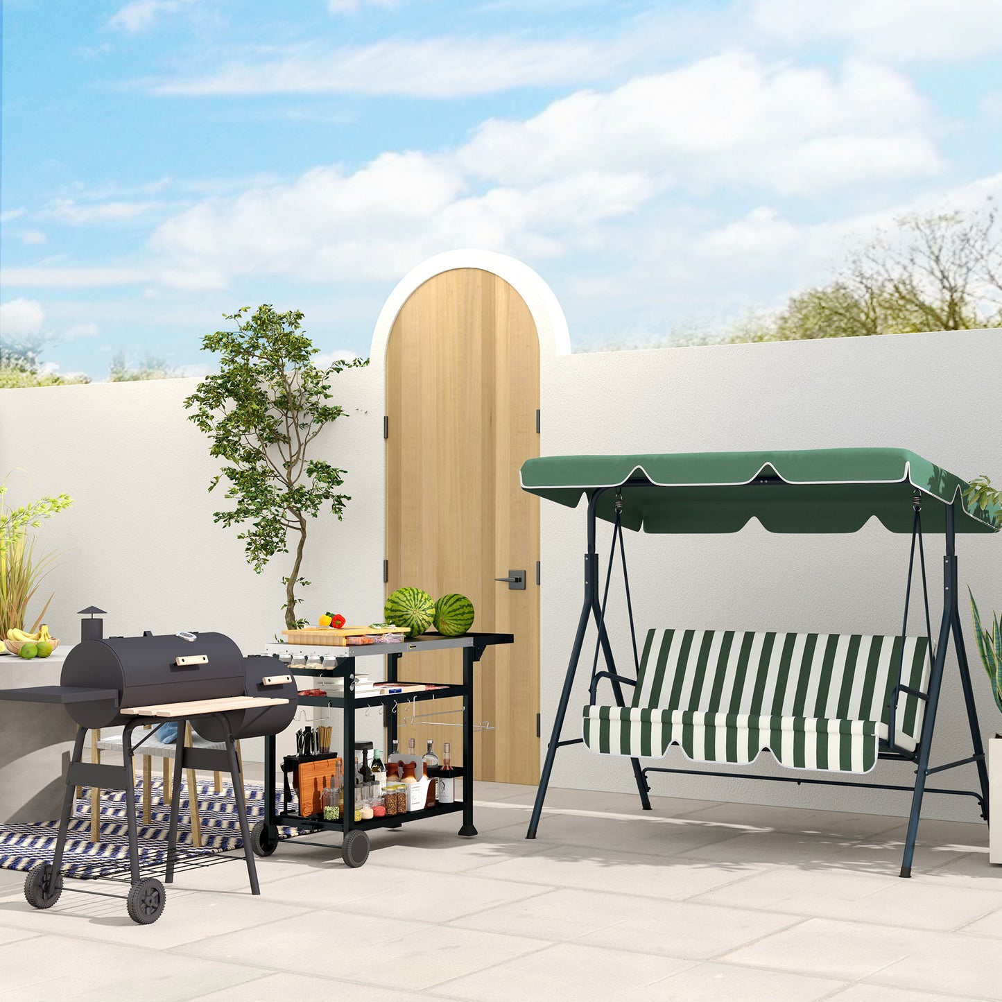 Multi-Feature BBQ Grill Table, with Stainless Steel Top - Black