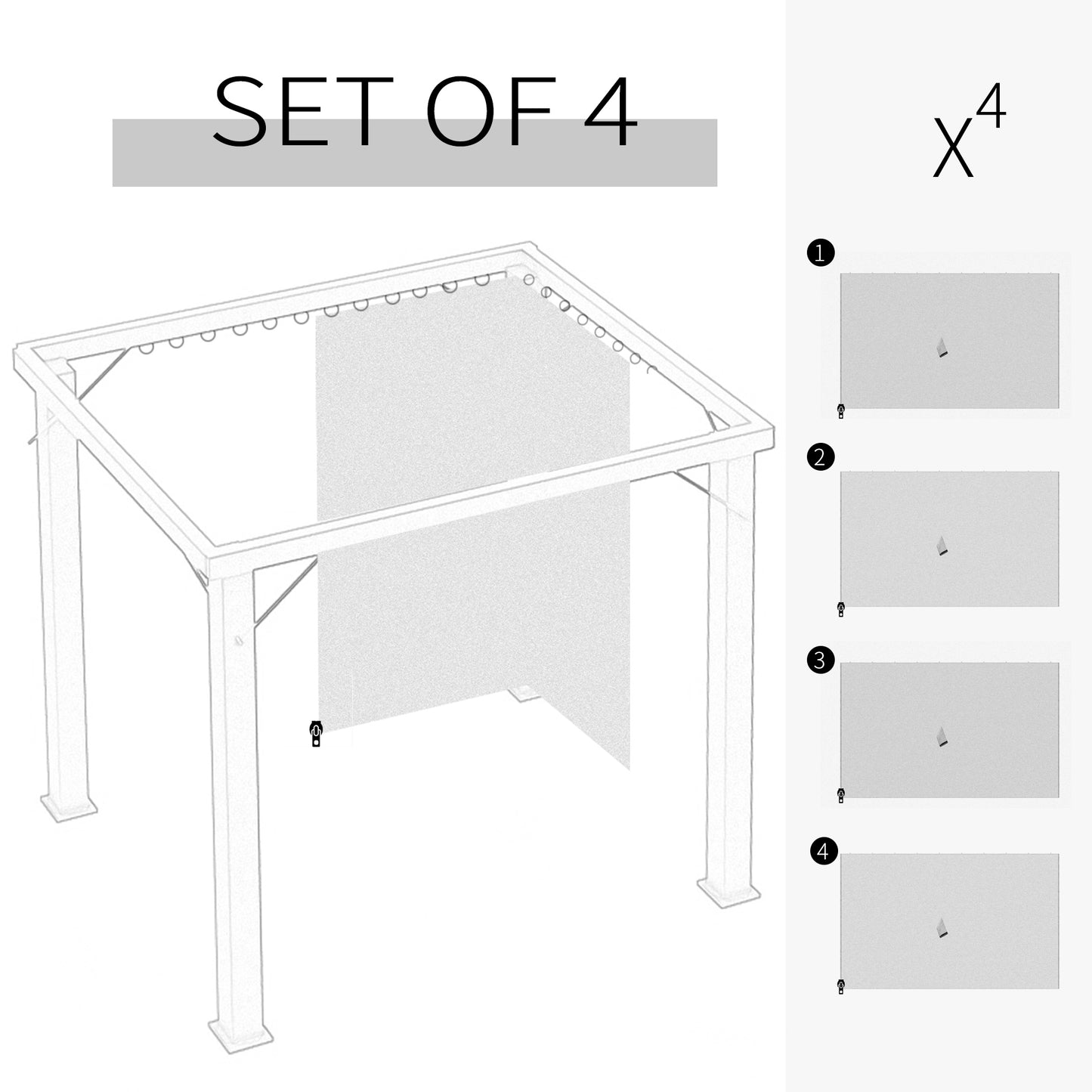 Replacement Gazebo Curtains, 4-Panel Gazebo Side Panels Only, for 3 x 3 (M) Gazebos or Pergolas, Hooks/C-Rings Included