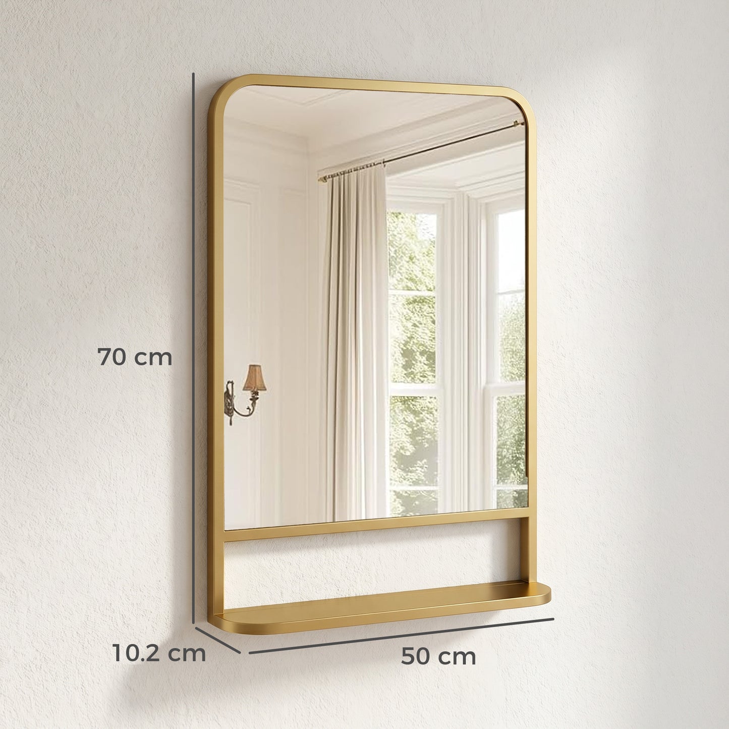 Modern Rectangular Wall Mirror with Storage Shelf, 70 x 50 cm, Gold Tone