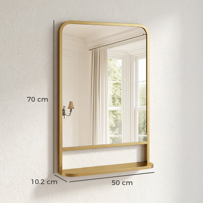 Modern Rectangular Wall Mirror with Storage Shelf, 70 x 50 cm, Gold Tone
