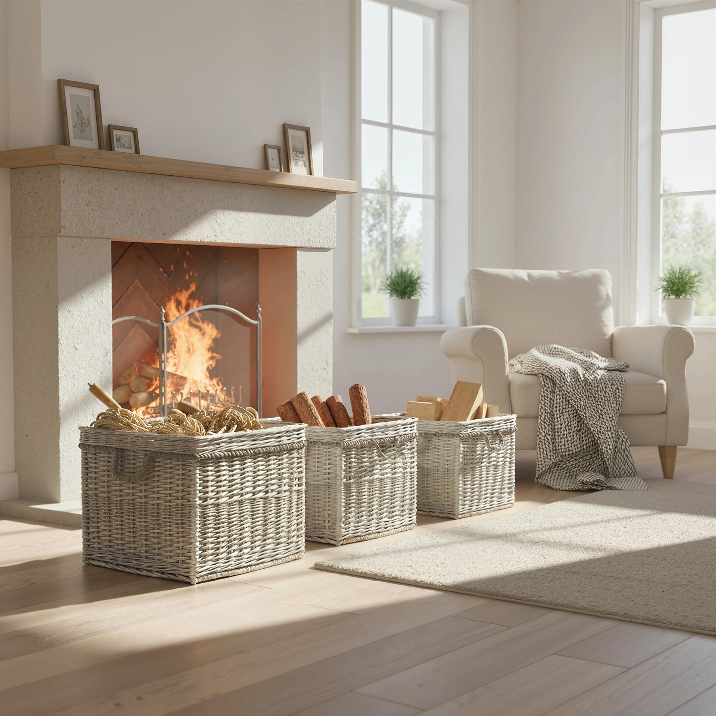 Set of 3 Log Baskets for Wood Burner Indoor, Storage Basket with Lining and Rope Handles, Wicker Basket for Fireside Storage