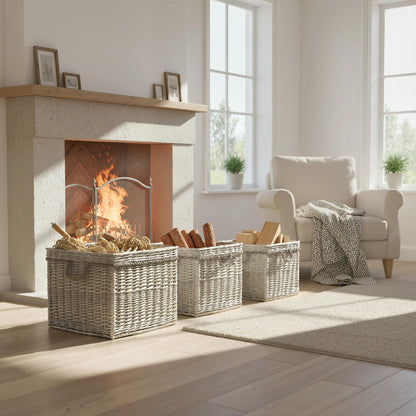 Set of 3 Log Baskets for Wood Burner Indoor, Storage Basket with Lining and Rope Handles, Wicker Basket for Fireside Storage