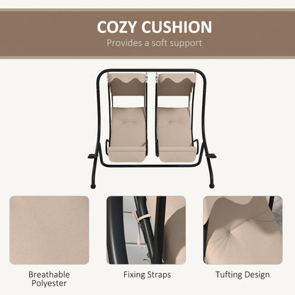 Two-Seat Garden Swing Chair, with Protective Canopy - Beige