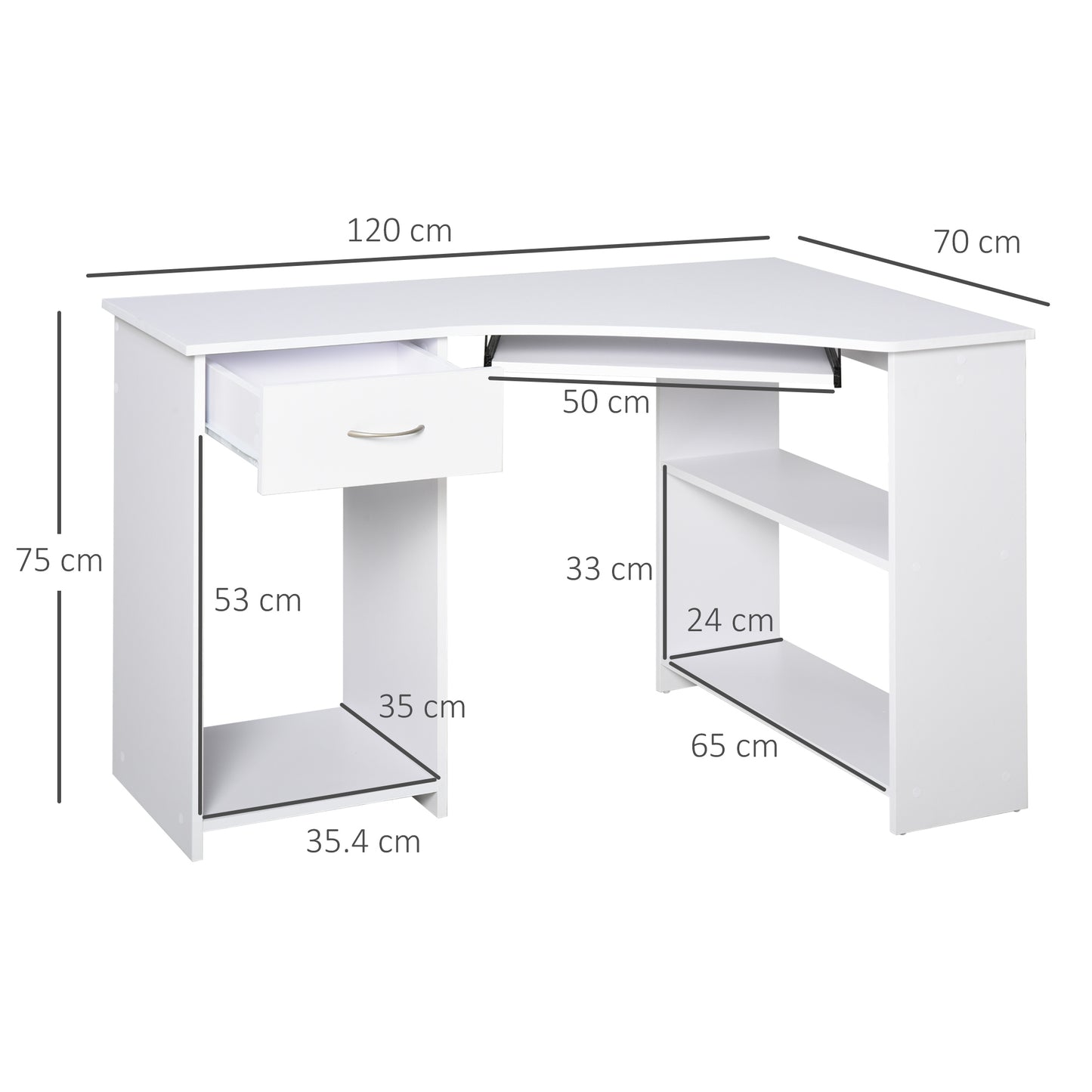 L-Shaped Corner Computer Desk w/ 2 Shelves Wide Worktop Keyboard Tray Drawer & CPU Stand Home Office Study Bedroom Furniture