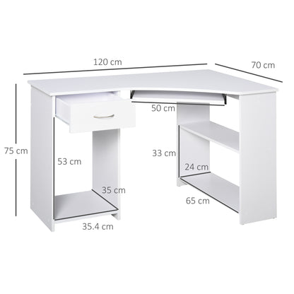 L-Shaped Corner Computer Desk w/ 2 Shelves Wide Worktop Keyboard Tray Drawer & CPU Stand Home Office Study Bedroom Furniture