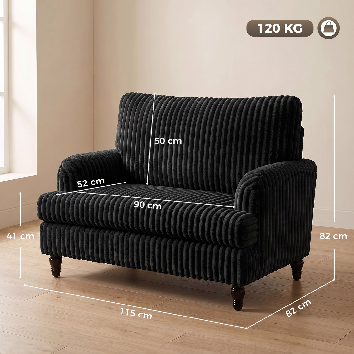 Corduroy Single Sofa Armchair, Modern Accent Chair with Stripes, Turned Legs and Wide Seat, Black