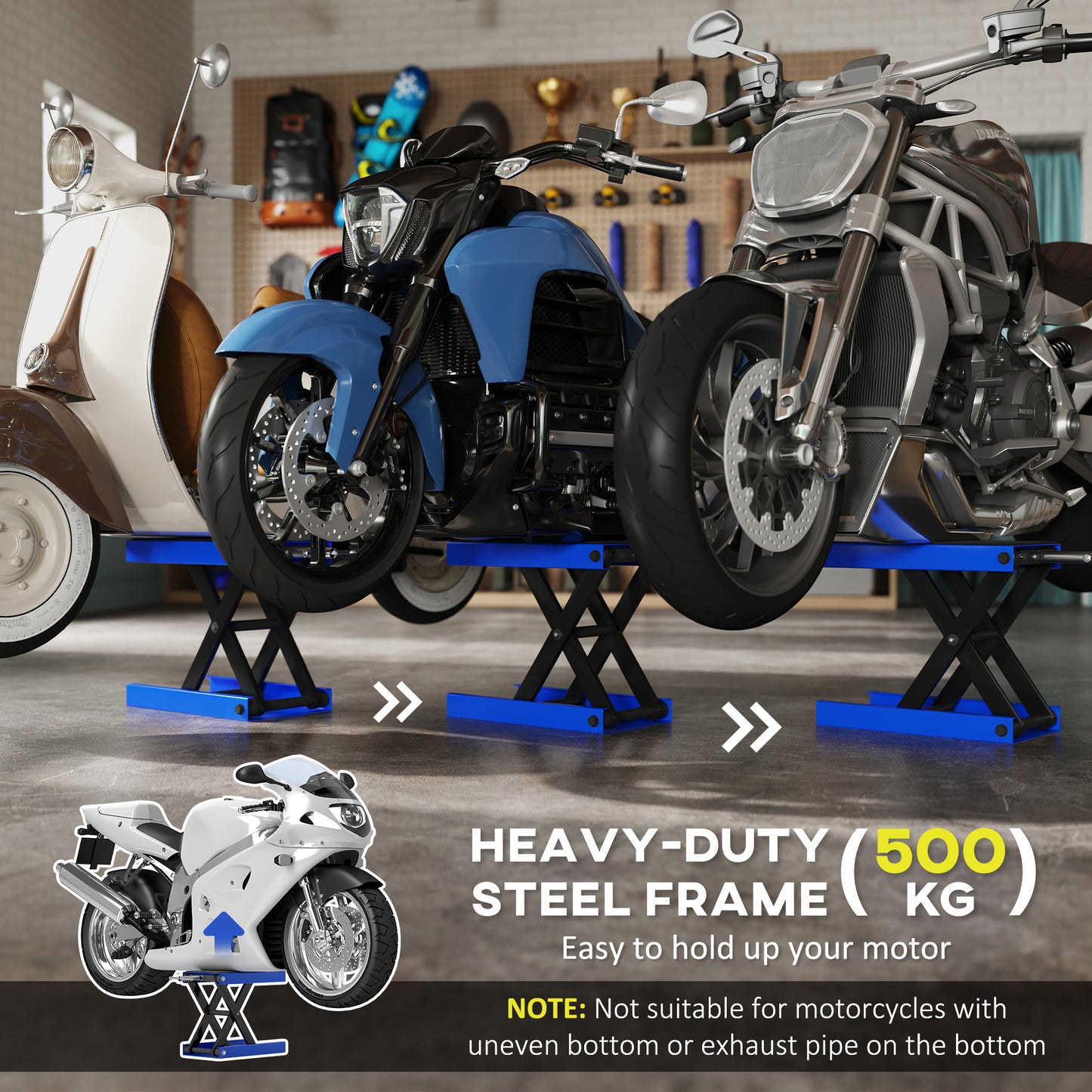 500KG Motorcycle Lift Scissor Jack, Height Adjustable Motorbike Stand with Anti-Slip Wide Deck