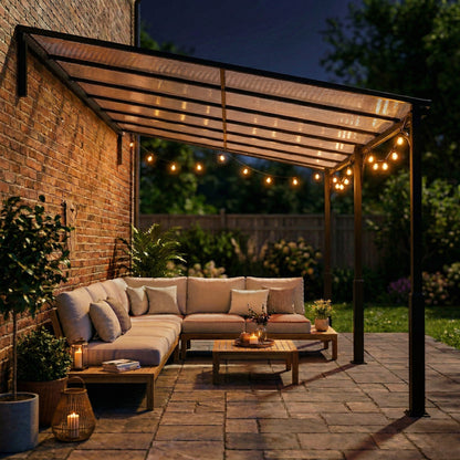 4 x 3 m Metal Lean-to Pergola, Wall-Mounted Garden Pergola with Polycarbonate Roof and Metal-Aluminium Frame