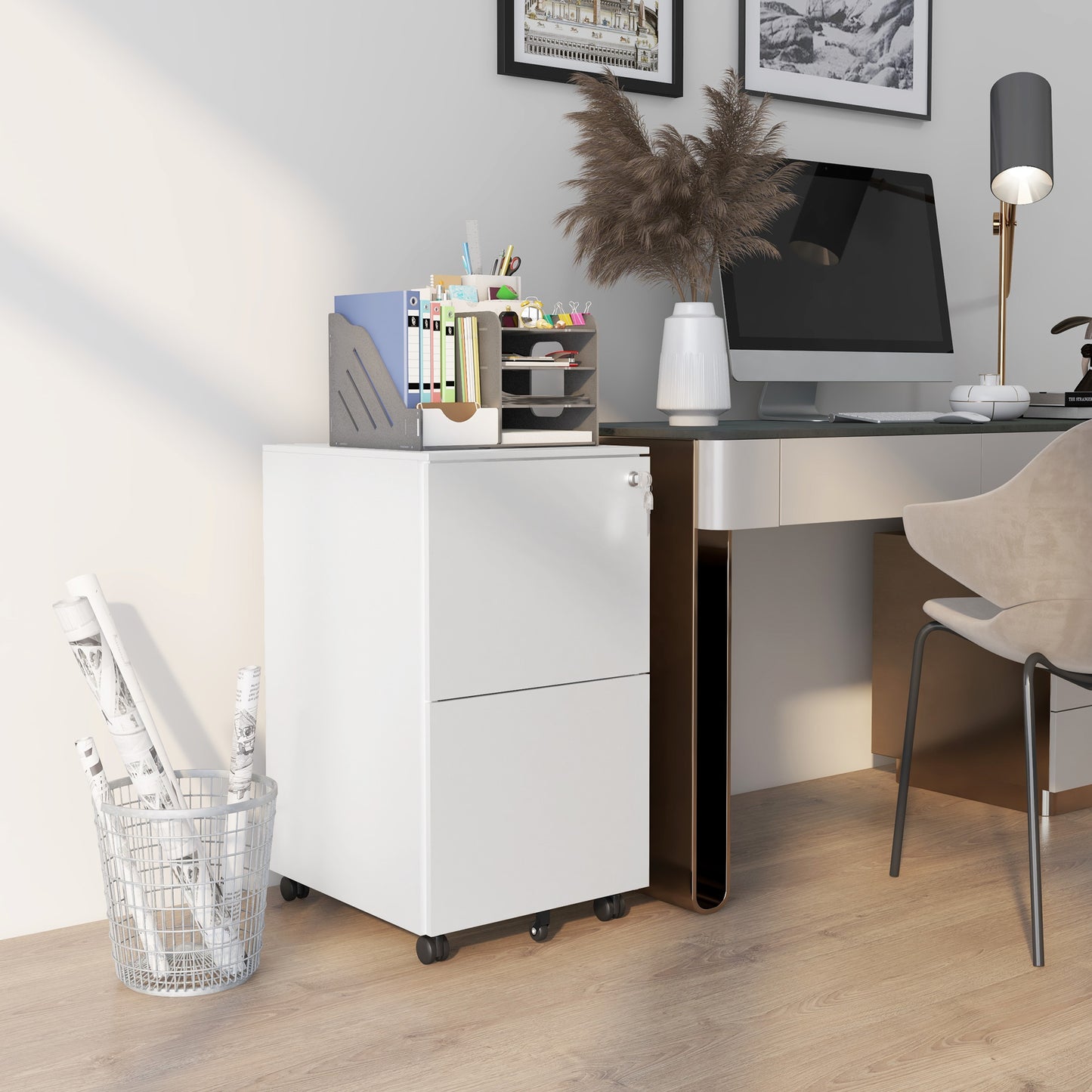 2-Drawer Filing Cabinet with Lock and 5 Wheels, Steel Mobile File Cabinet, for A4, Legal and Letter Size, Pre-Assembled Body