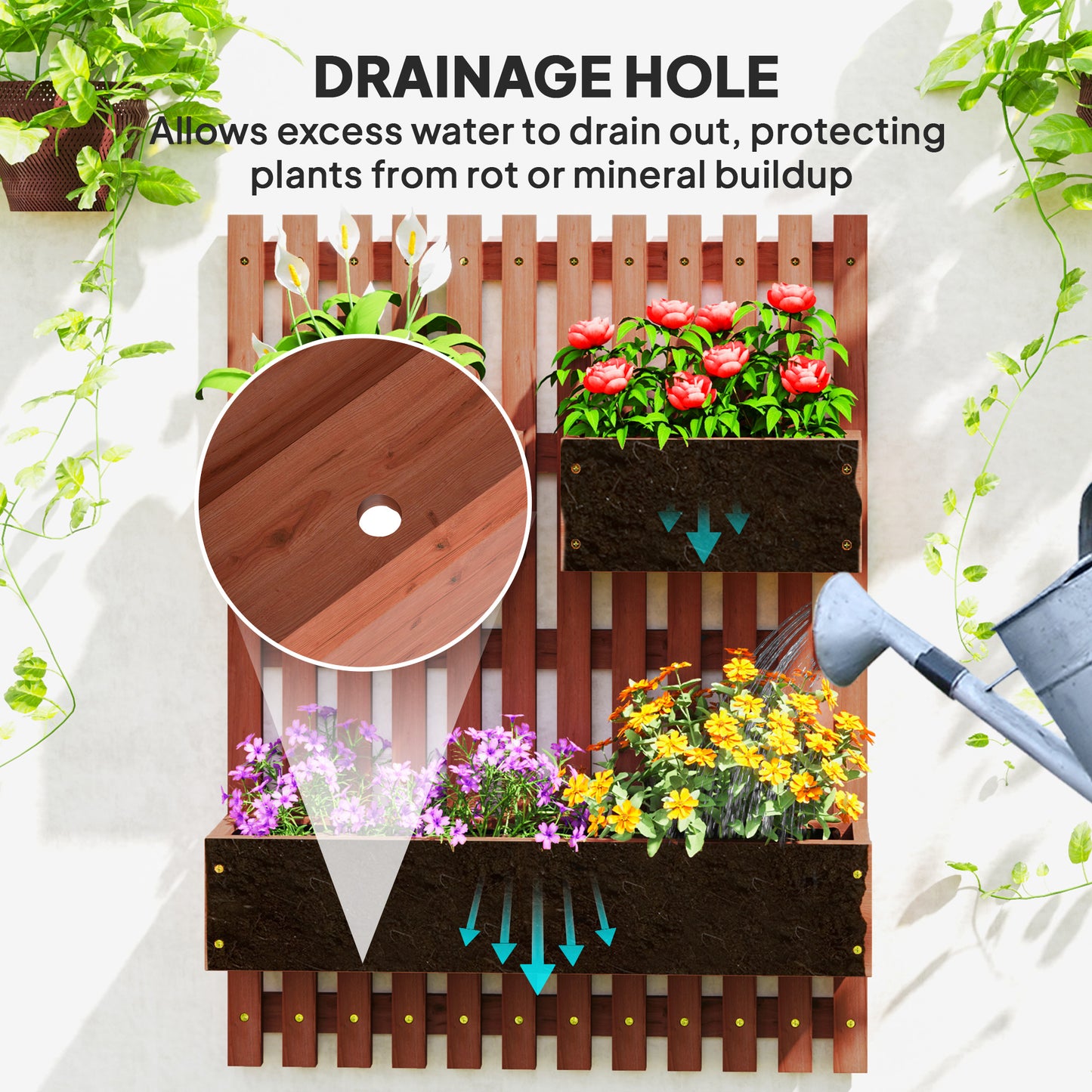 Wall-mounted Wooden Garden Planters with Trellis, Drainage Holes and 3 Planter Boxes for Patio, Brown