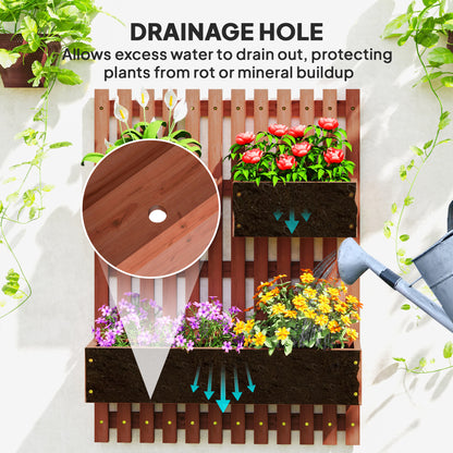 Wall-mounted Wooden Garden Planters with Trellis, Drainage Holes and 3 Planter Boxes for Patio, Brown