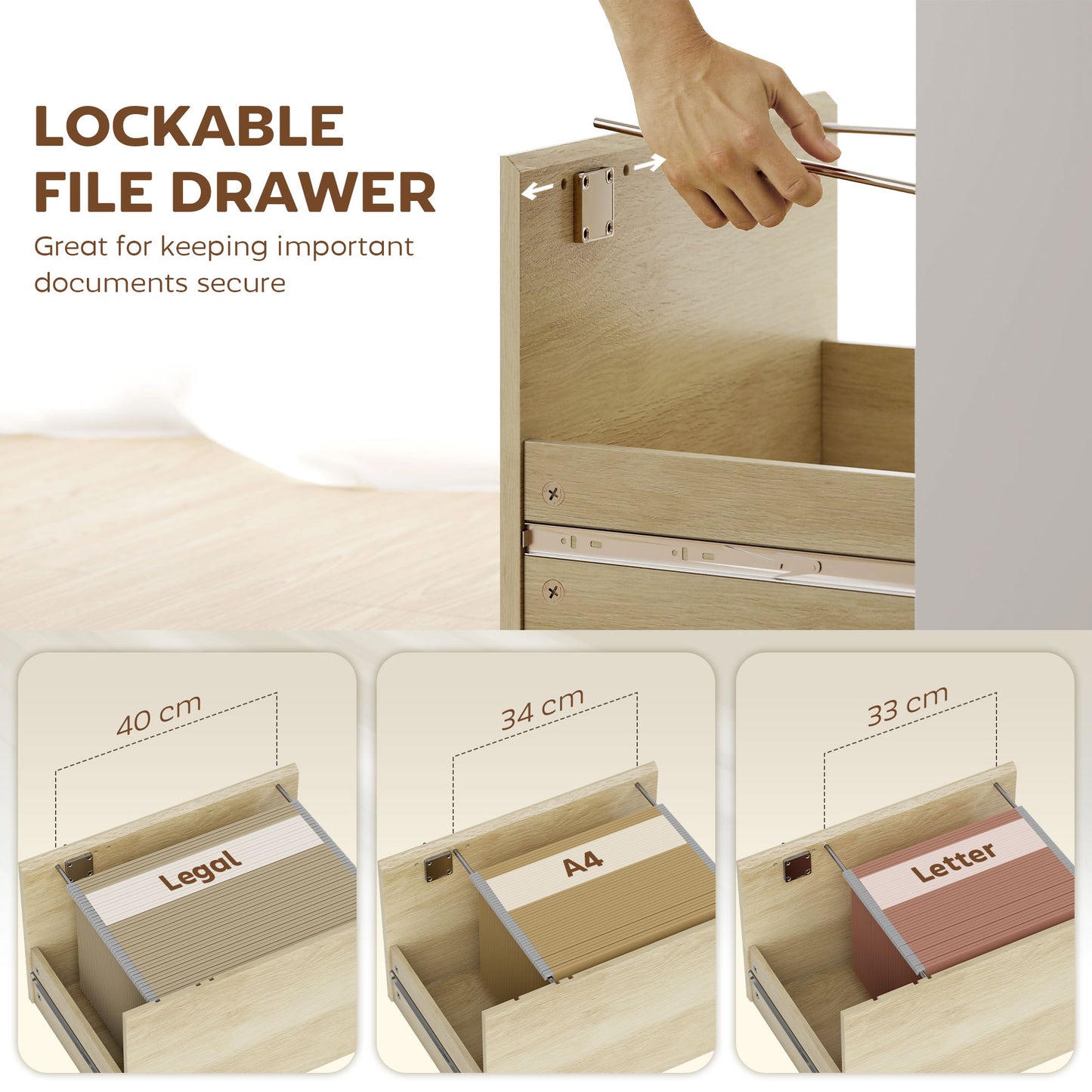 Computer Desk, Office Desk with Bookshelf, File Drawer and Legal Hanging File Holders, Oak Wood Effect