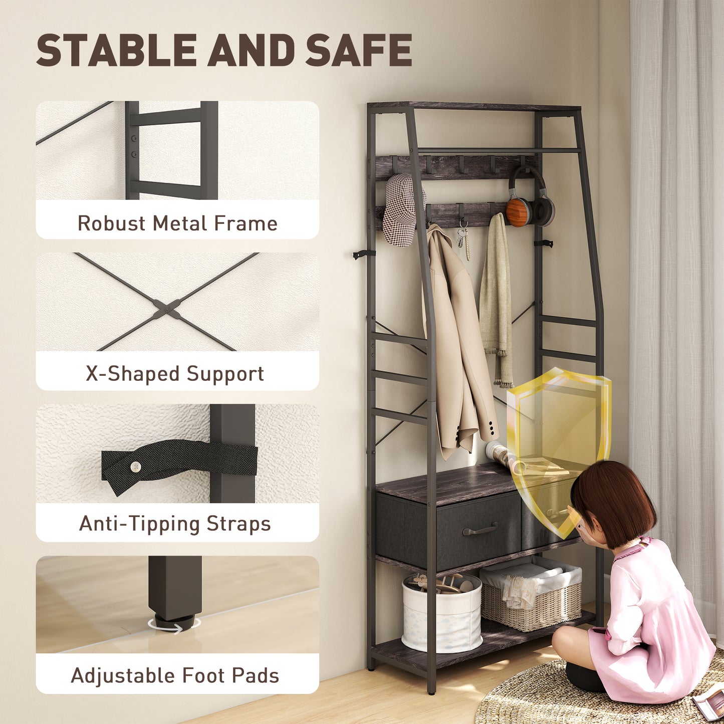 Coat Rack with Shoe Storage, Hall Tree, Industrial Coat Stand with Shoe Bench, 10 Removable Hooks