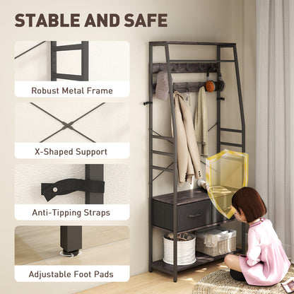 Coat Rack with Shoe Storage, Hall Tree, Industrial Coat Stand with Shoe Bench, 10 Removable Hooks