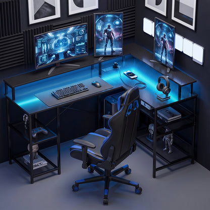 L Shaped Gaming Desk with LED Lights and Power Outlets, 150cm Corner Computer Desk for Small Space, Black