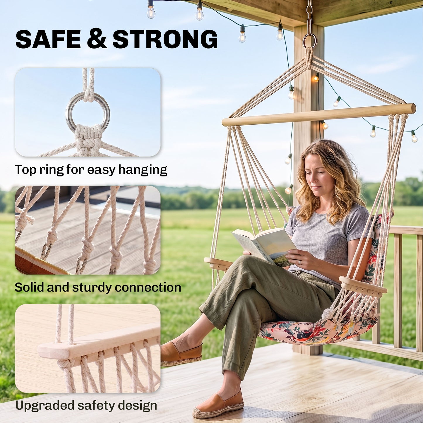 Garden Outdoor Hanging Hammock Chair Thick Rope Frame Wooden Arms Safe Garden Outdoor Spot Stylish Multicoloured floral