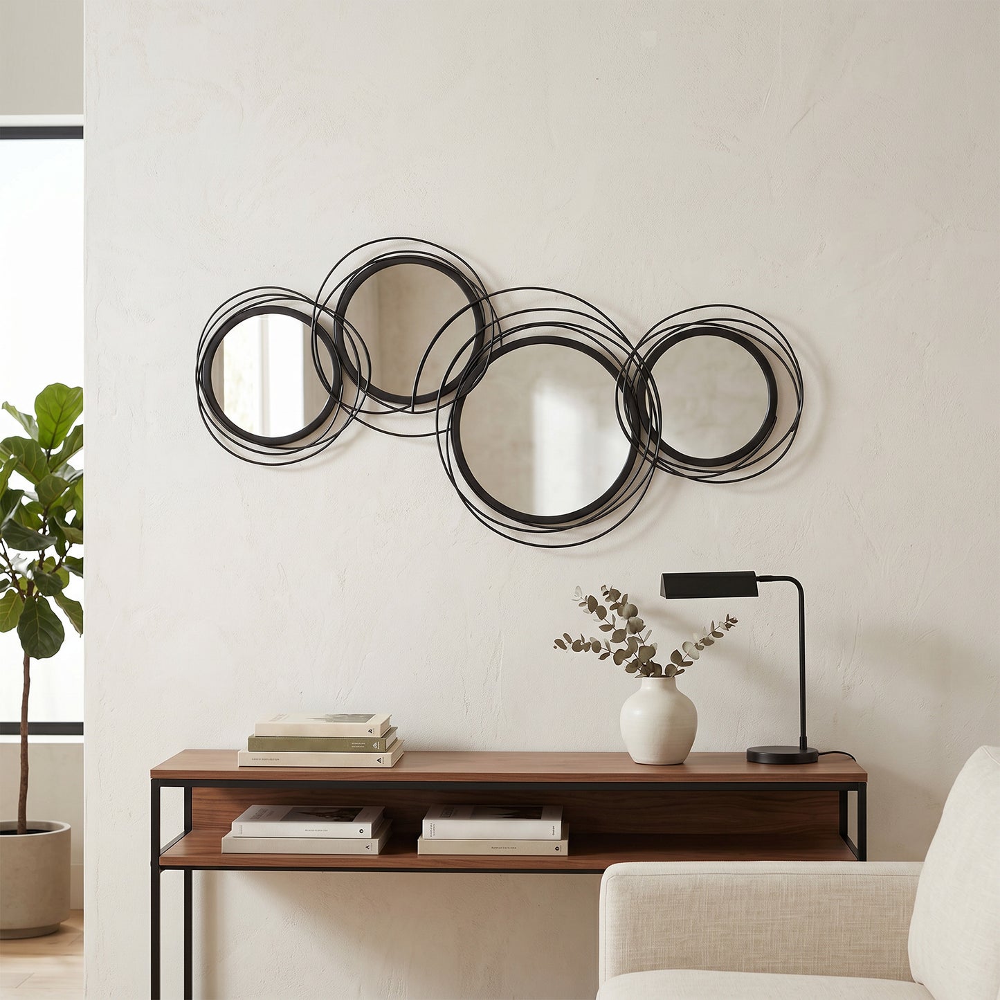 Metal Wall Art 56cm Modern Decorative Mirror Decor for Living Room Bedroom Dining Room, Black