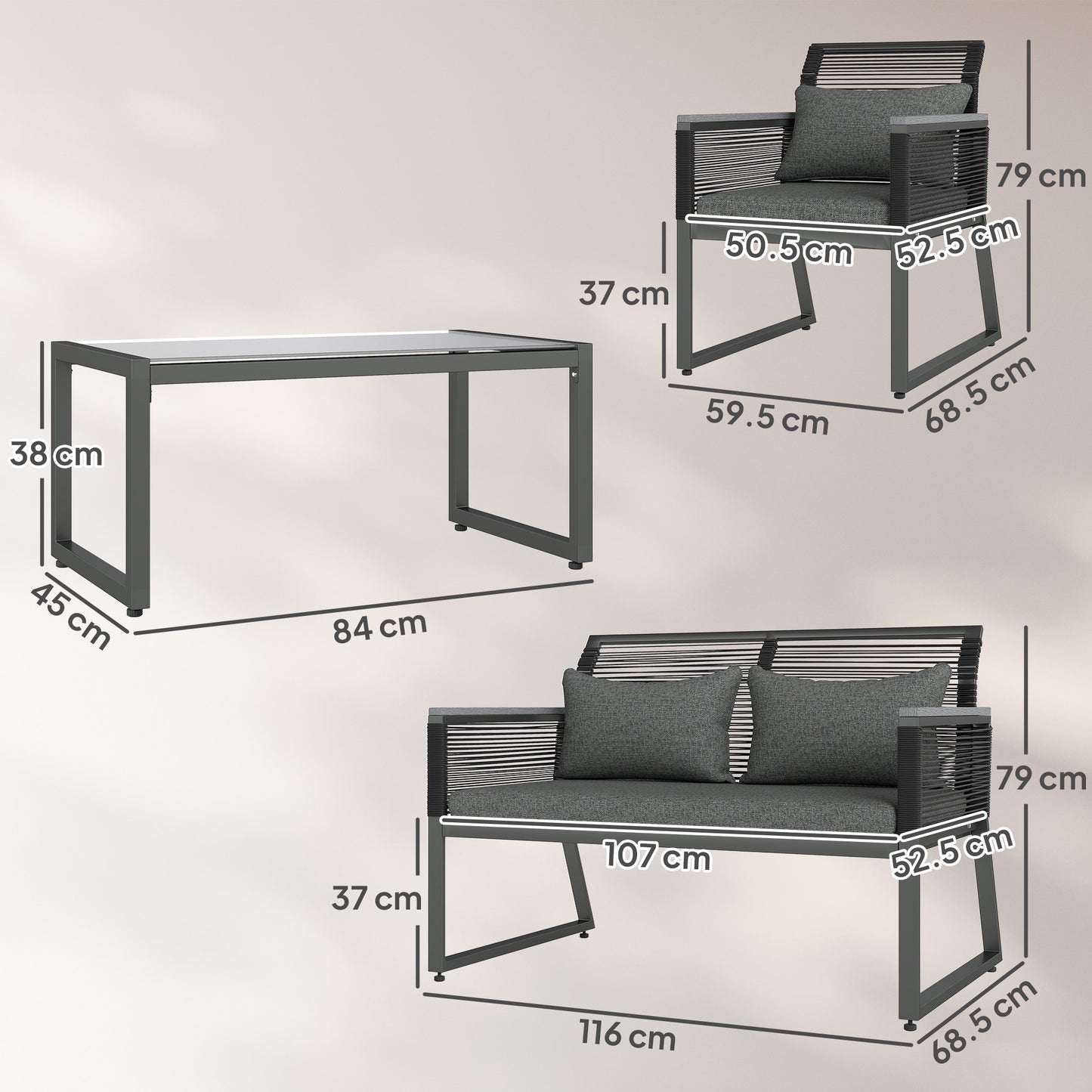 4 Pieces Rattan Garden Furniture Set - Charcoal Grey
