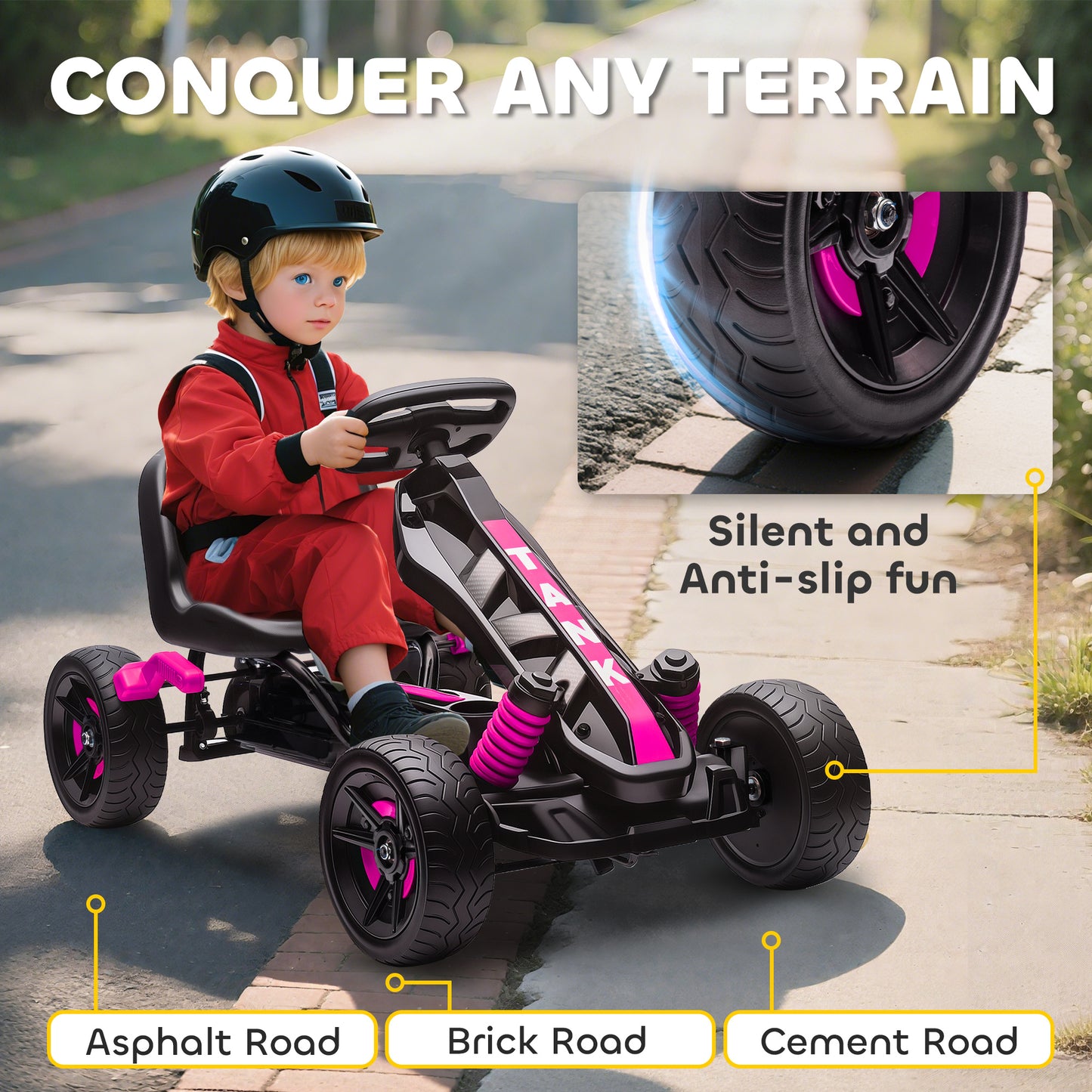Pedal Go Kart for Kids Aged 3-6 Years, with Freewheel System, Brake, EVA Anti-Slip Wheels, Pink